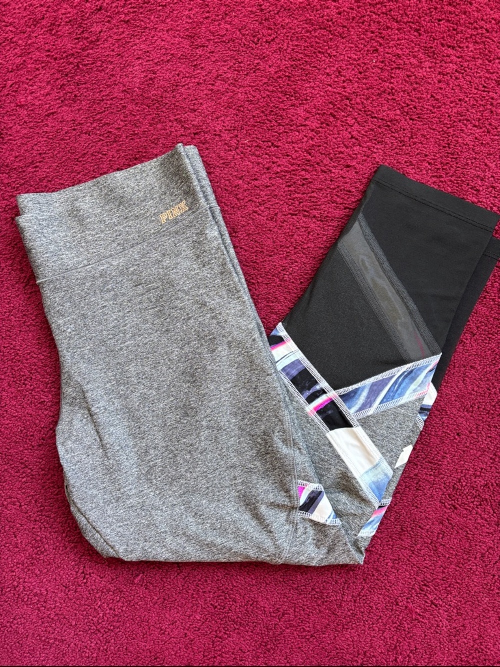 PINK Victoria's Secret Gray Womens Leggings with Black Mesh & Multicolor Accent